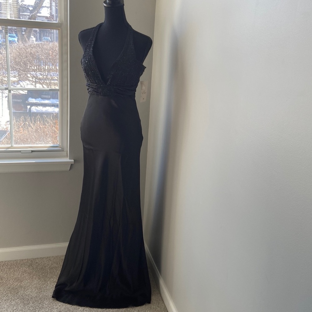 Black Satin and Beaded Gown with Matching Scarf